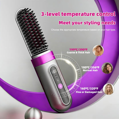 Cordless Hair Straightener Brush - Portable Fast-Heating Styling Tool with Protective Dust Cover, 3 Temperature Settings, 300 Million Negative Ions for Frizz-Free Styling On-the-Go & Travel Avelisse