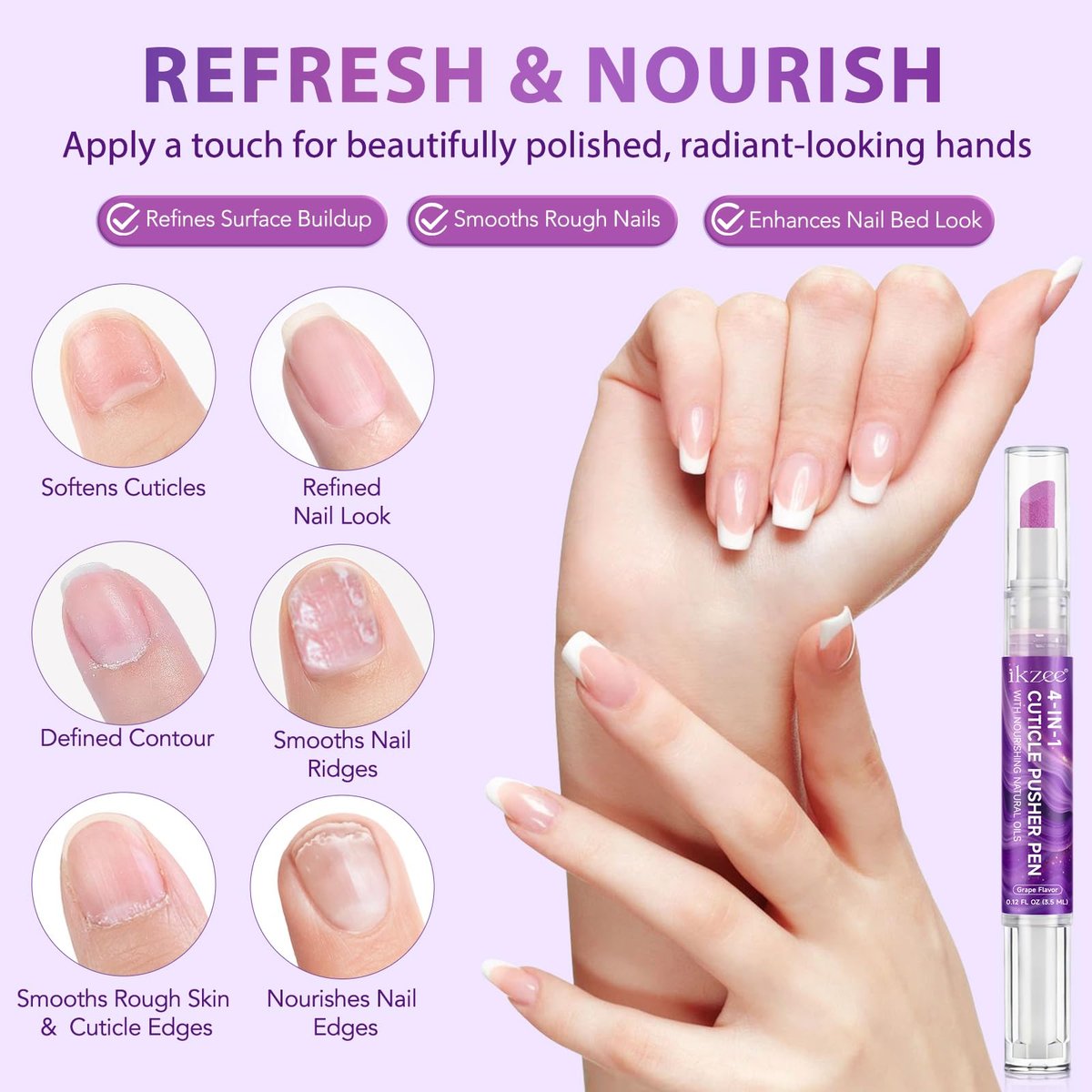 4-in-1 Cuticle Pusher & Oil Pen with Natural Oils – Moisturize, Strengthen & Brighten Nails (Purple, 0.12 Fl Oz) Avelisse