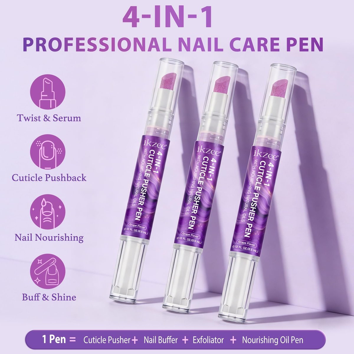 4-in-1 Cuticle Pusher & Oil Pen with Natural Oils – Moisturize, Strengthen & Brighten Nails (Purple, 0.12 Fl Oz) Avelisse
