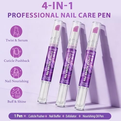 4-in-1 Cuticle Pusher & Oil Pen with Natural Oils – Moisturize, Strengthen & Brighten Nails (Purple, 0.12 Fl Oz) Avelisse