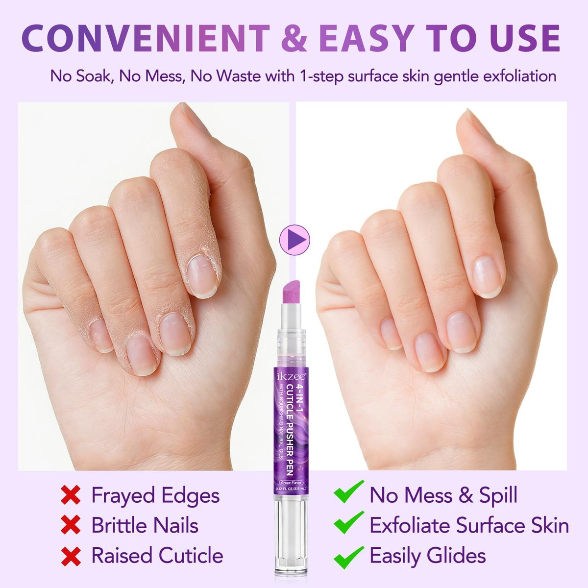 4-in-1 Cuticle Pusher & Oil Pen with Natural Oils – Moisturize, Strengthen & Brighten Nails (Purple, 0.12 Fl Oz) Avelisse