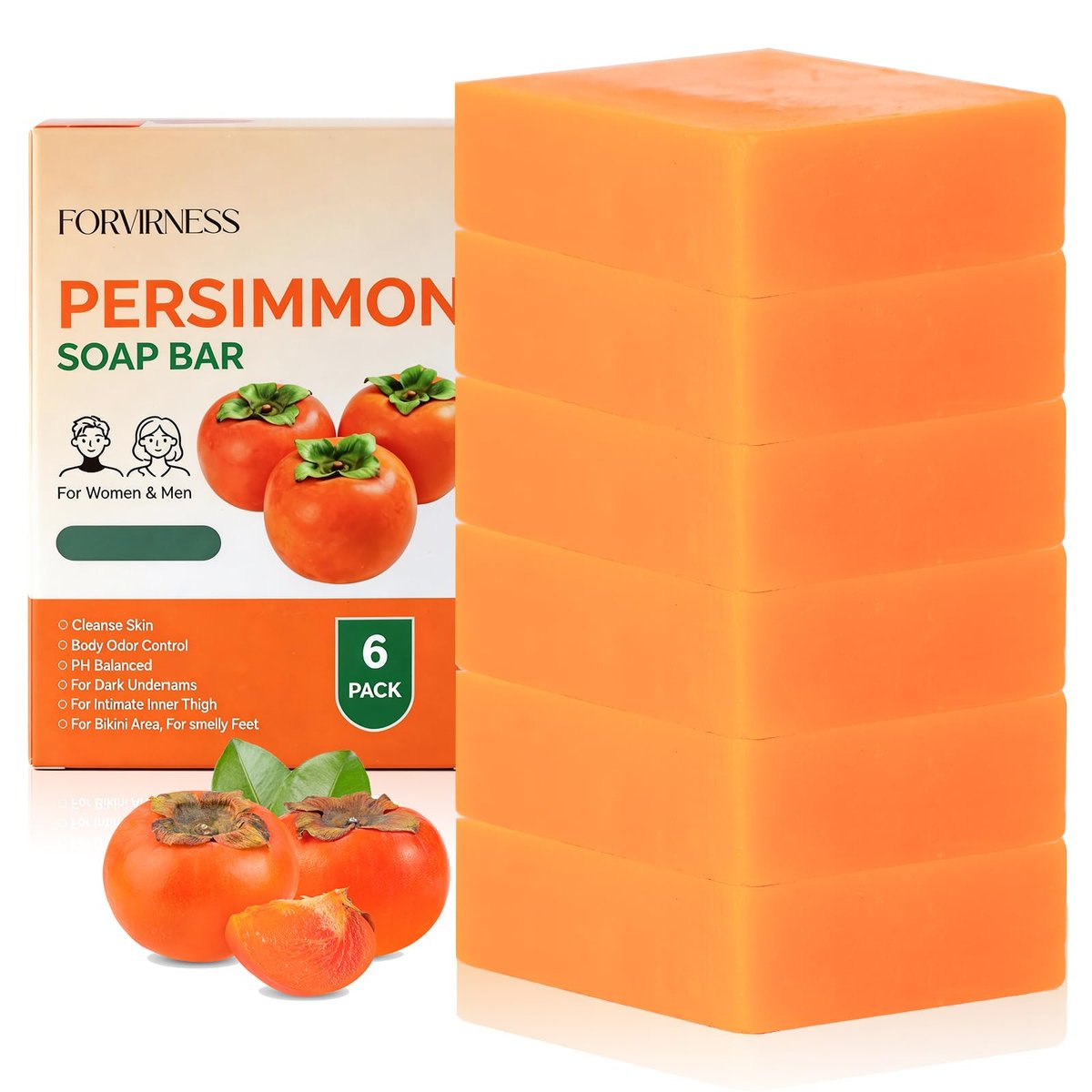forvirness 6 PCS Persimmon Soap Bar for Body Odor Control - Natural Deodorant Body Bar Soap for Old People Smell - Odor Wash Soap with Japanese Persimmon Extract Avelisse