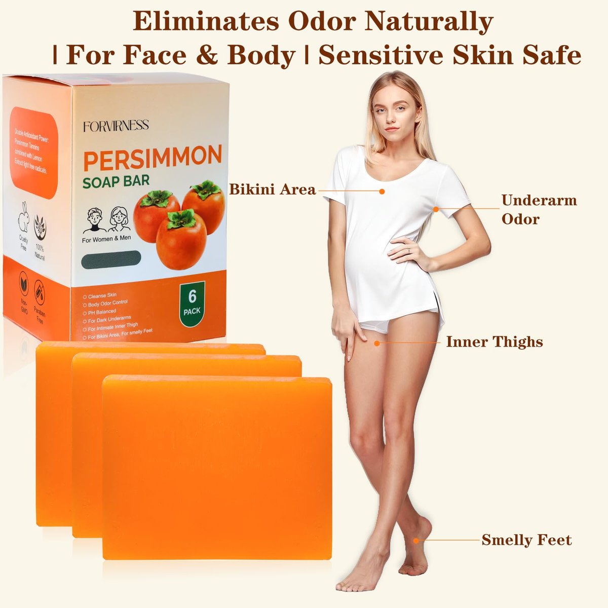 forvirness 6 PCS Persimmon Soap Bar for Body Odor Control - Natural Deodorant Body Bar Soap for Old People Smell - Odor Wash Soap with Japanese Persimmon Extract Avelisse