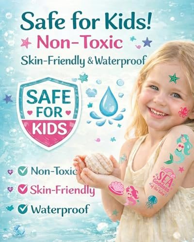 Mermaid Temporary Tattoos for Kids – 106 Cute Ocean & Mermaid Designs, Waterproof, Non-Toxic & Skin-Friendly, Easy to Apply, Perfect for Under the Sea Birthday Party Favors & Goodie Bags - görsel 12