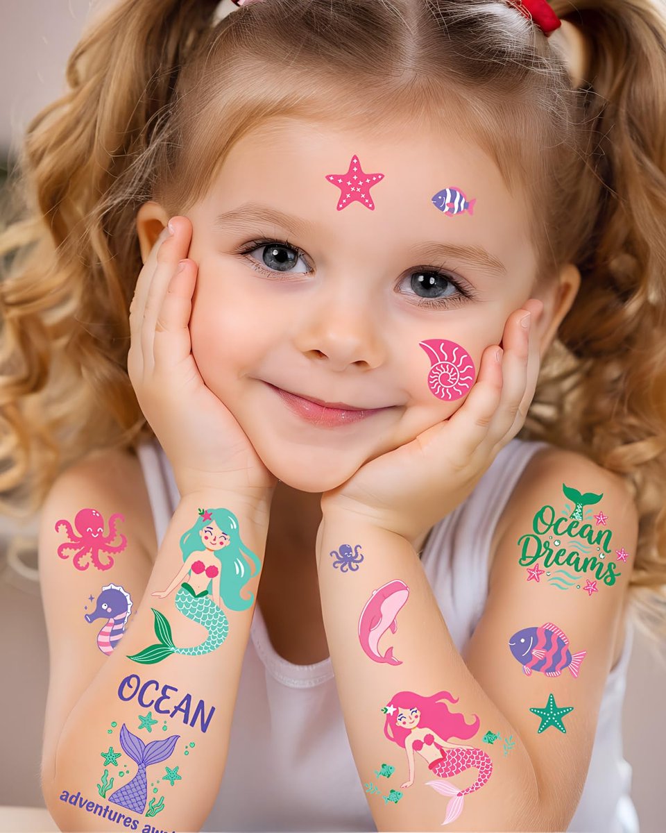 Mermaid Temporary Tattoos for Kids – 106 Cute Ocean & Mermaid Designs, Waterproof, Non-Toxic & Skin-Friendly, Easy to Apply, Perfect for Under the Sea Birthday Party Favors & Goodie Bags - görsel 5