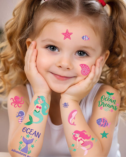 Mermaid Temporary Tattoos for Kids – 106 Cute Ocean & Mermaid Designs, Waterproof, Non-Toxic & Skin-Friendly, Easy to Apply, Perfect for Under the Sea Birthday Party Favors & Goodie Bags