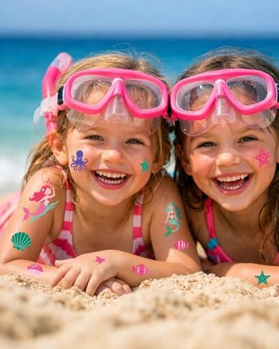 Mermaid Temporary Tattoos for Kids – 106 Cute Ocean & Mermaid Designs, Waterproof, Non-Toxic & Skin-Friendly, Easy to Apply, Perfect for Under the Sea Birthday Party Favors & Goodie Bags