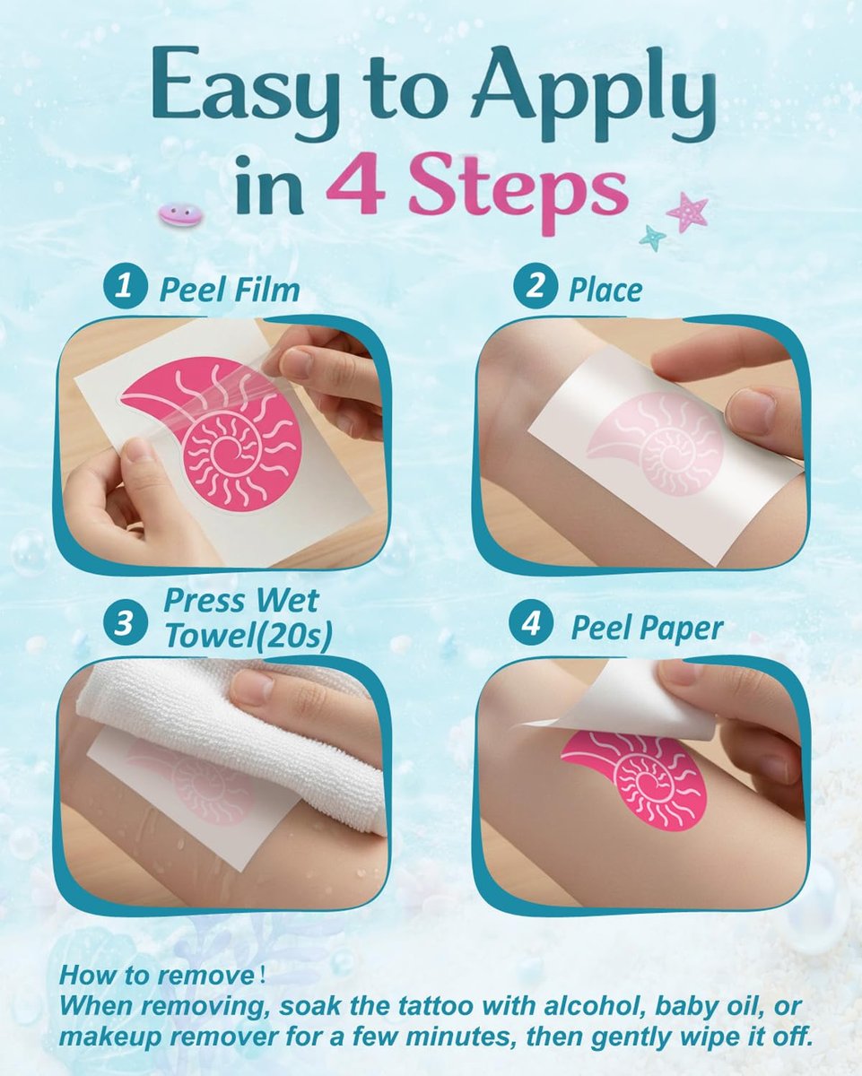 Mermaid Temporary Tattoos for Kids – 106 Cute Ocean & Mermaid Designs, Waterproof, Non-Toxic & Skin-Friendly, Easy to Apply, Perfect for Under the Sea Birthday Party Favors & Goodie Bags - görsel 13