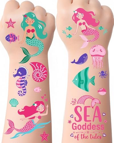 Mermaid Temporary Tattoos for Kids – 106 Cute Ocean & Mermaid Designs, Waterproof, Non-Toxic & Skin-Friendly, Easy to Apply, Perfect for Under the Sea Birthday Party Favors & Goodie Bags
