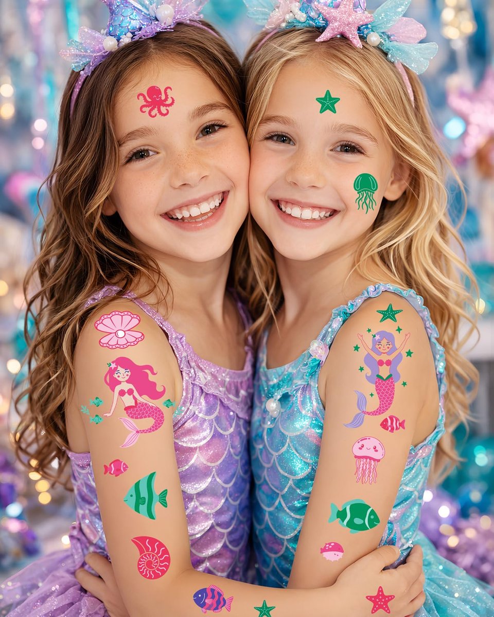 Mermaid Temporary Tattoos for Kids – 106 Cute Ocean & Mermaid Designs, Waterproof, Non-Toxic & Skin-Friendly, Easy to Apply, Perfect for Under the Sea Birthday Party Favors & Goodie Bags - görsel 7