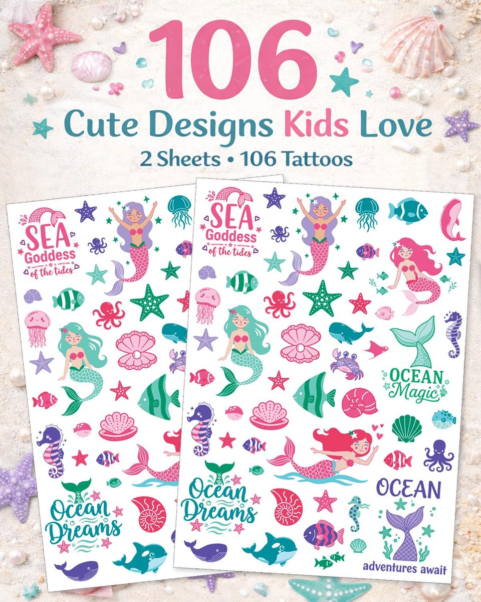 Mermaid Temporary Tattoos for Kids – 106 Cute Ocean & Mermaid Designs, Waterproof, Non-Toxic & Skin-Friendly, Easy to Apply, Perfect for Under the Sea Birthday Party Favors & Goodie Bags - görsel 3