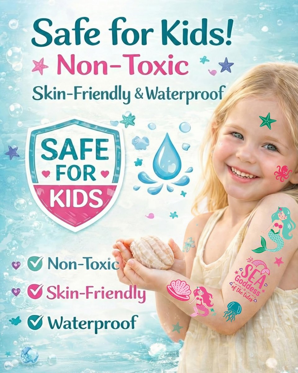 Mermaid Temporary Tattoos for Kids – 106 Cute Ocean & Mermaid Designs, Waterproof, Non-Toxic & Skin-Friendly, Easy to Apply, Perfect for Under the Sea Birthday Party Favors & Goodie Bags - görsel 11