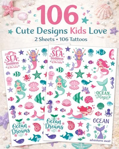 Mermaid Temporary Tattoos for Kids – 106 Cute Ocean & Mermaid Designs, Waterproof, Non-Toxic & Skin-Friendly, Easy to Apply, Perfect for Under the Sea Birthday Party Favors & Goodie Bags - görsel 4