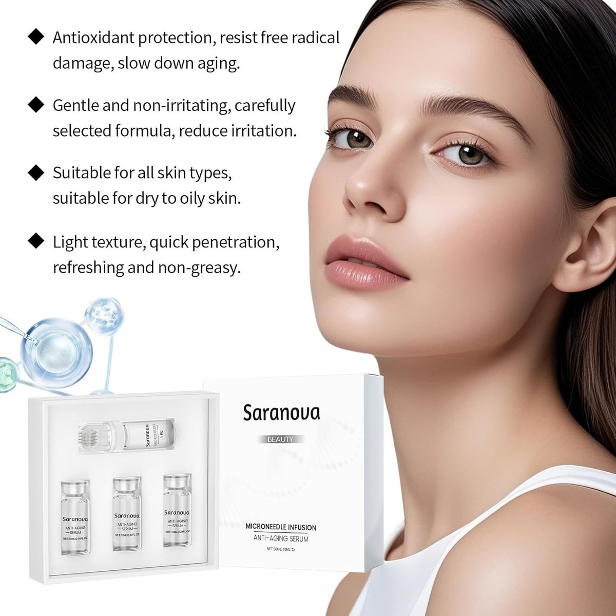 Saranova Micro Infusion System for Face - Moisturizing Serum & Stamp Kit for Hydrated, Smooth Skin (1-Month Supply) Avelisse