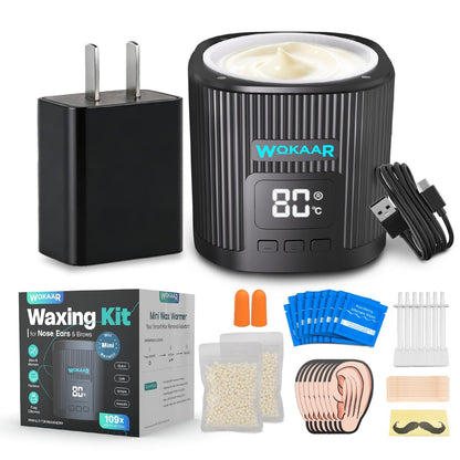 Wokaar Digital Ear and Nose Waxing Kit with Power Adapter, 100g Wax, 50 Applicators – Painless Eyebrow & Facial Hair Removal for Men and Women, 109-Piece Professional Home Waxing Kit Avelisse