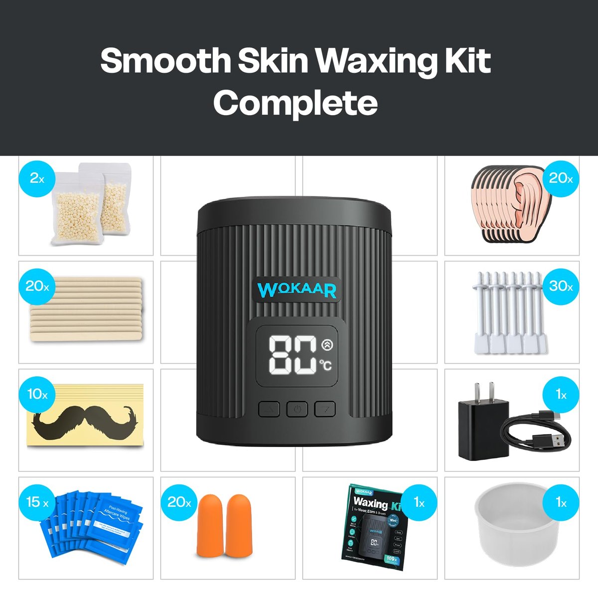 Wokaar Digital Ear and Nose Waxing Kit with Power Adapter, 100g Wax, 50 Applicators – Painless Eyebrow & Facial Hair Removal for Men and Women, 109-Piece Professional Home Waxing Kit Avelisse