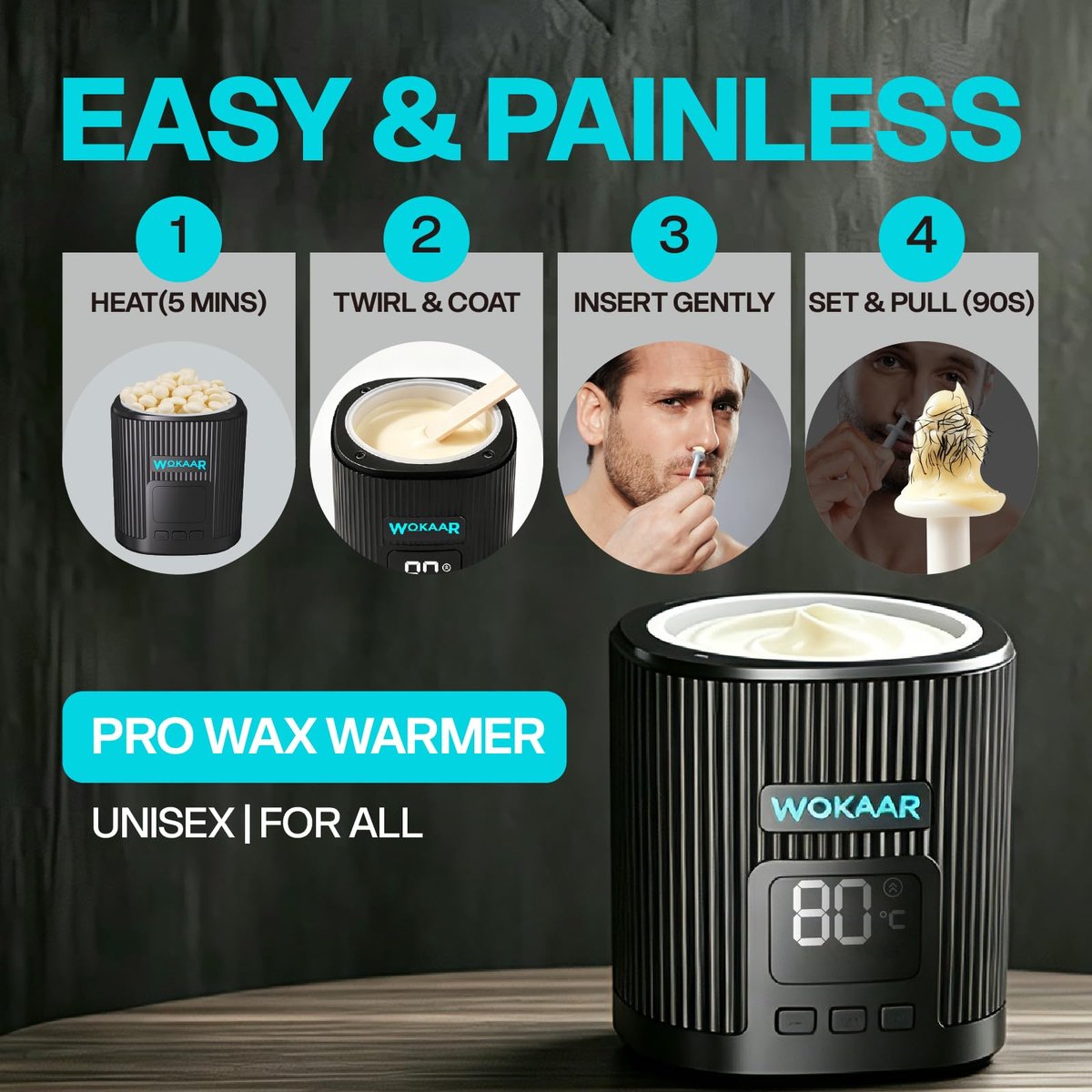 Wokaar Digital Ear and Nose Waxing Kit with Power Adapter, 100g Wax, 50 Applicators – Painless Eyebrow & Facial Hair Removal for Men and Women, 109-Piece Professional Home Waxing Kit Avelisse