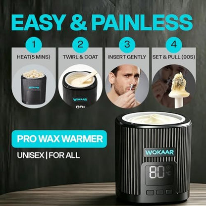 Wokaar Digital Ear and Nose Waxing Kit with Power Adapter, 100g Wax, 50 Applicators – Painless Eyebrow & Facial Hair Removal for Men and Women, 109-Piece Professional Home Waxing Kit Avelisse