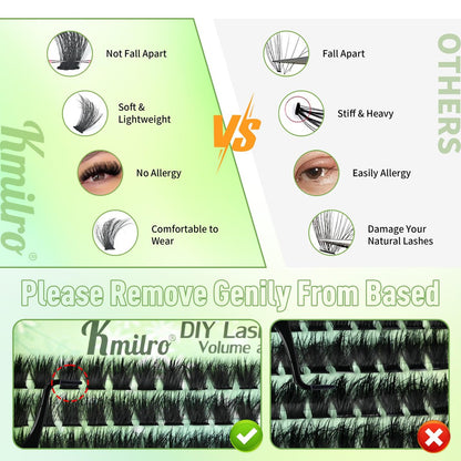 Kmilro Lash Clusters Kit 8-18mm Volume Cluster Eyelash Extensions – 224Pcs Thick Wispy DIY False Lashes with Ultra-Thin Black Band Avelisse