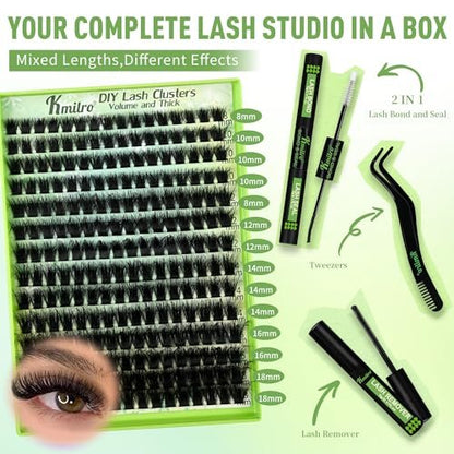 Kmilro Lash Clusters Kit 8-18mm Volume Cluster Eyelash Extensions – 224Pcs Thick Wispy DIY False Lashes with Ultra-Thin Black Band Avelisse