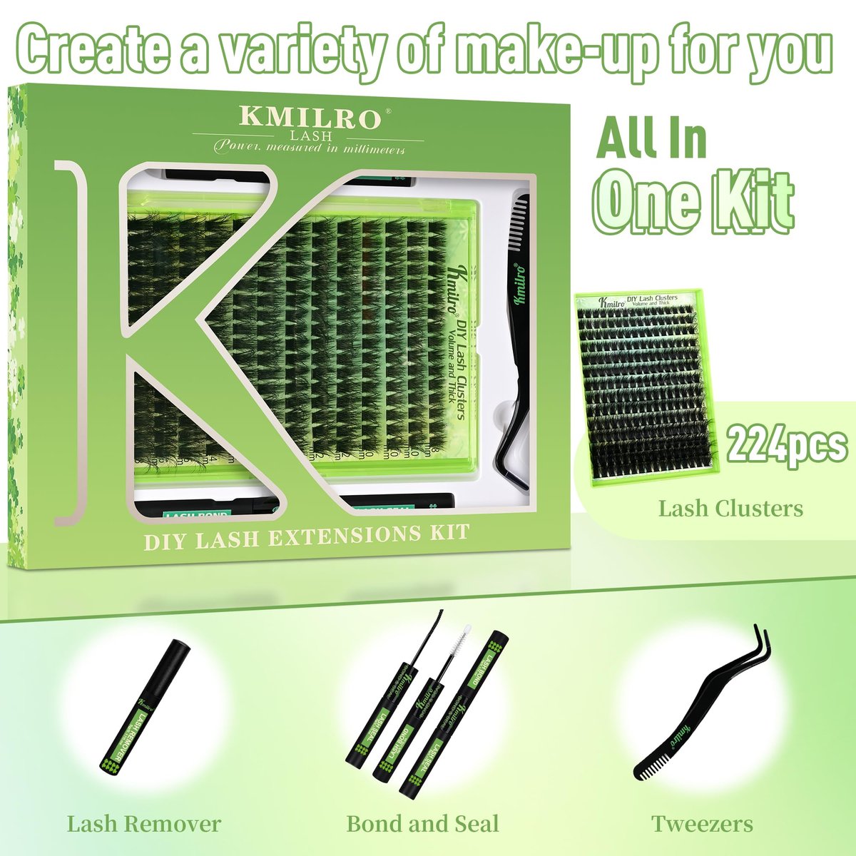 Kmilro Lash Clusters Kit 8-18mm Volume Cluster Eyelash Extensions – 224Pcs Thick Wispy DIY False Lashes with Ultra-Thin Black Band Avelisse