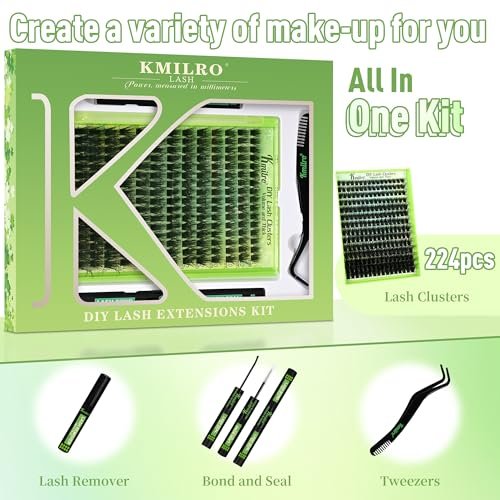 Kmilro Lash Clusters Kit 8-18mm Volume Cluster Eyelash Extensions – 224Pcs Thick Wispy DIY False Lashes with Ultra-Thin Black Band Avelisse