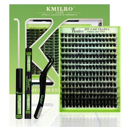 Kmilro Lash Clusters Kit 8-18mm Volume Cluster Eyelash Extensions – 224Pcs Thick Wispy DIY False Lashes with Ultra-Thin Black Band Avelisse