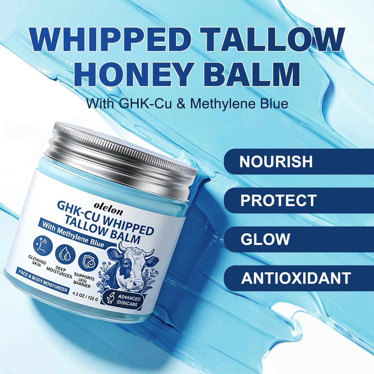 25,000ppm GHK-Cu Peptides Cream for Face & Body: Beef Tallow Balm with Copper Peptides, Methylene Blue, Manuka Honey & Vitamin E - Natural Anti-Aging Moisturizer for Mature, Dry & Sensitive Skin - 4oz Avelisse