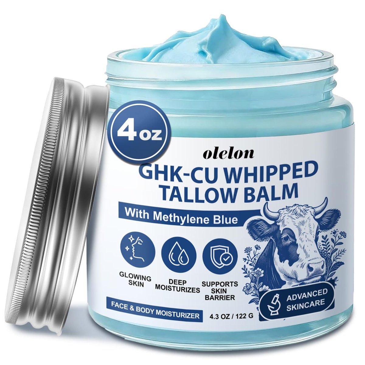 25,000ppm GHK-Cu Peptides Cream for Face & Body: Beef Tallow Balm with Copper Peptides, Methylene Blue, Manuka Honey & Vitamin E - Natural Anti-Aging Moisturizer for Mature, Dry & Sensitive Skin - 4oz Avelisse