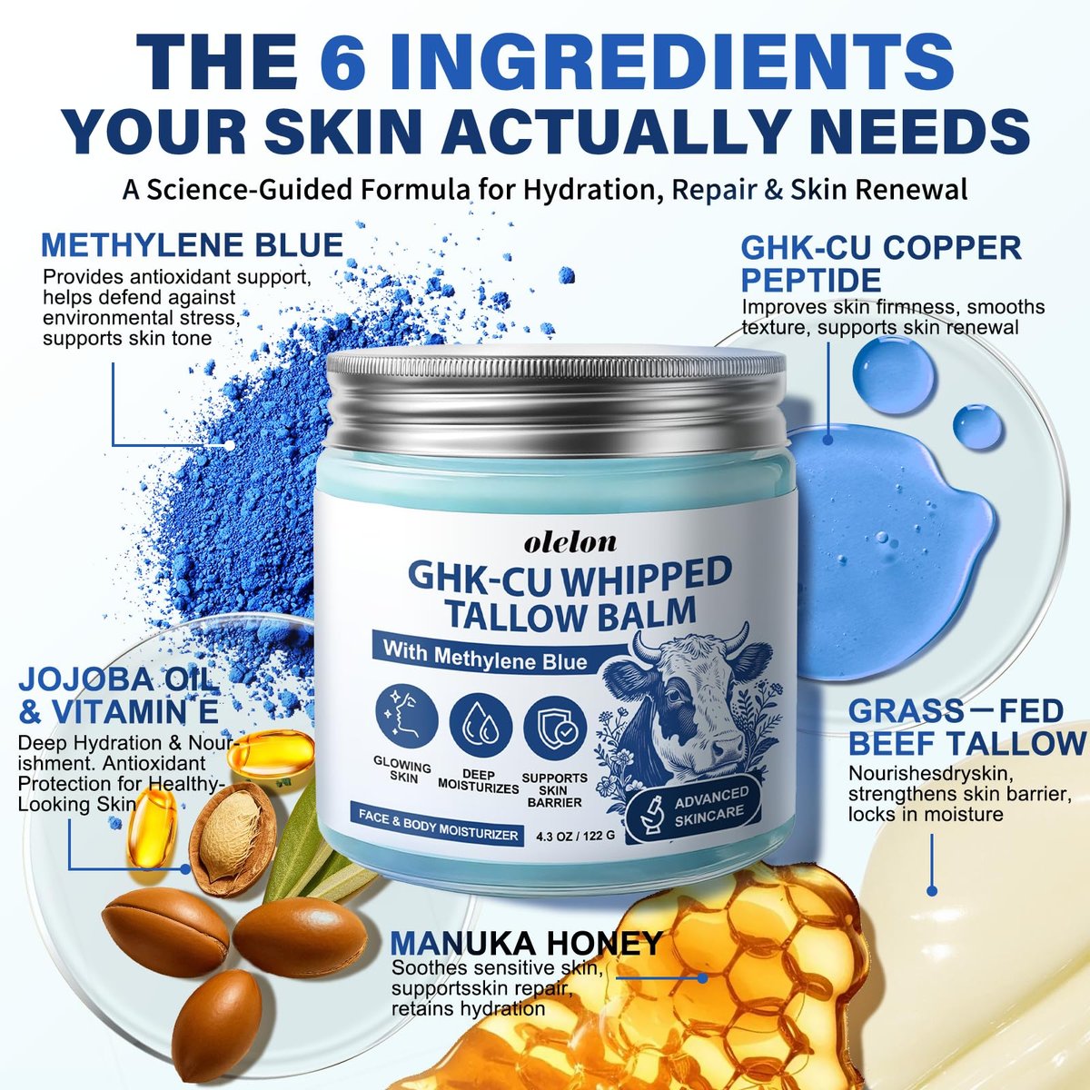 25,000ppm GHK-Cu Peptides Cream for Face & Body: Beef Tallow Balm with Copper Peptides, Methylene Blue, Manuka Honey & Vitamin E - Natural Anti-Aging Moisturizer for Mature, Dry & Sensitive Skin - 4oz Avelisse