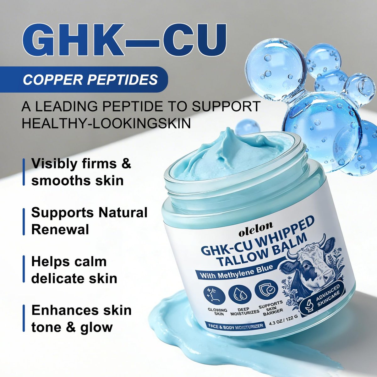 25,000ppm GHK-Cu Peptides Cream for Face & Body: Beef Tallow Balm with Copper Peptides, Methylene Blue, Manuka Honey & Vitamin E - Natural Anti-Aging Moisturizer for Mature, Dry & Sensitive Skin - 4oz Avelisse