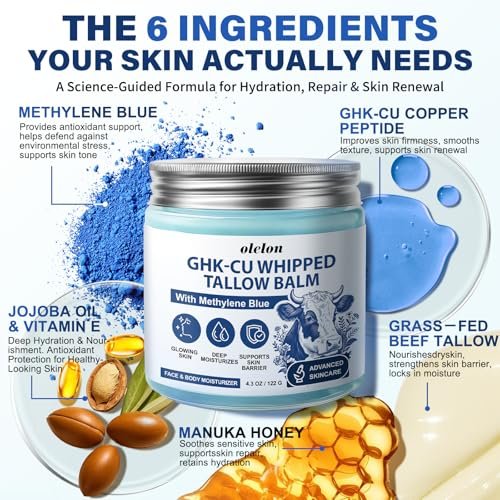 25,000ppm GHK-Cu Peptides Cream for Face & Body: Beef Tallow Balm with Copper Peptides, Methylene Blue, Manuka Honey & Vitamin E - Natural Anti-Aging Moisturizer for Mature, Dry & Sensitive Skin - 4oz Avelisse