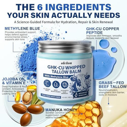 25,000ppm GHK-Cu Peptides Cream for Face & Body: Beef Tallow Balm with Copper Peptides, Methylene Blue, Manuka Honey & Vitamin E - Natural Anti-Aging Moisturizer for Mature, Dry & Sensitive Skin - 4oz Avelisse