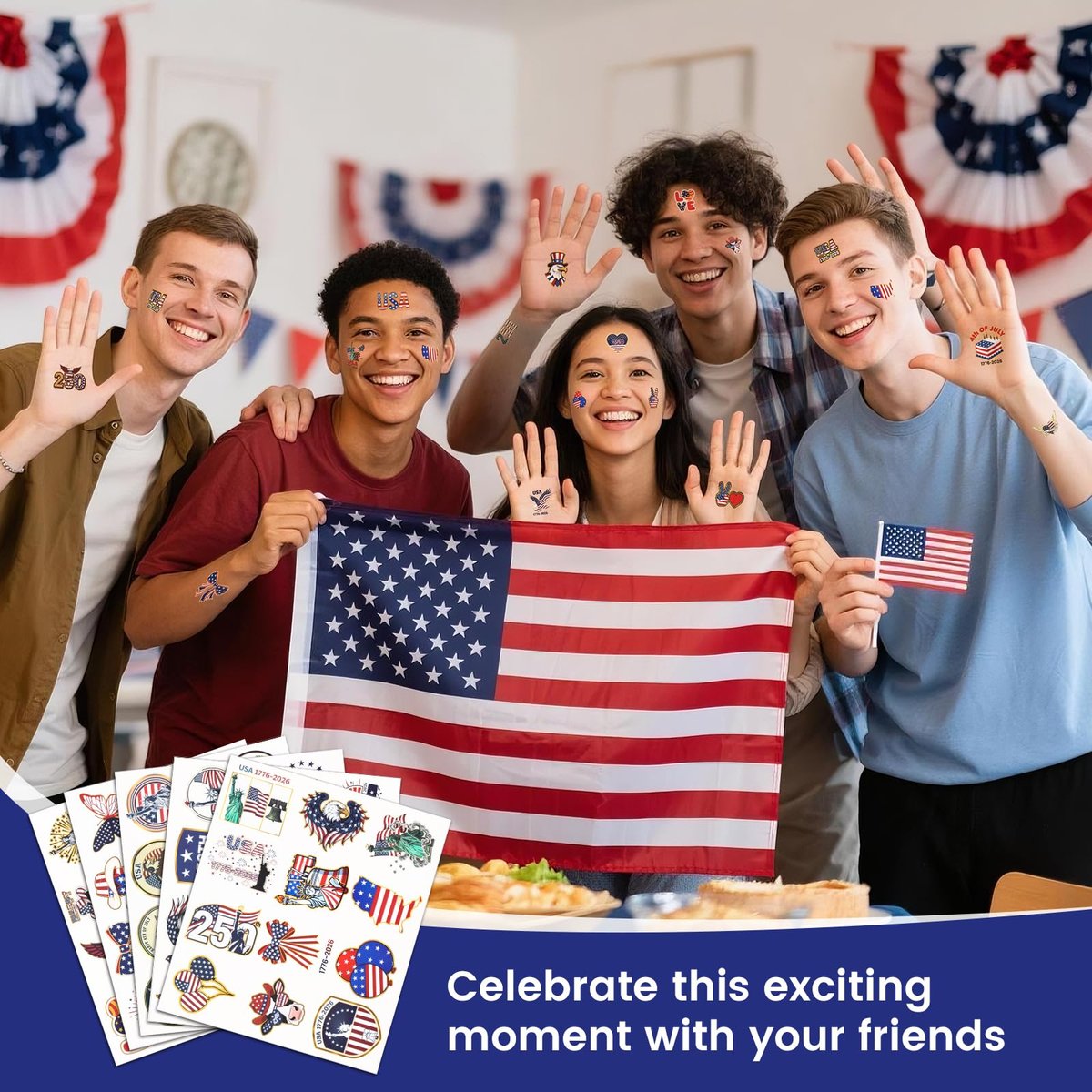 250th Anniversary USA Temporary Tattoos – 15 Sheets, 250 Years American Flag Tattoos, 60 Styles, 1776-2026 4th of July Decorations - görsel 11