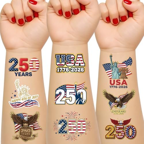 250th Anniversary USA Temporary Tattoos – 15 Sheets, 250 Years American Flag Tattoos, 60 Styles, 1776-2026 4th of July Decorations - görsel 2