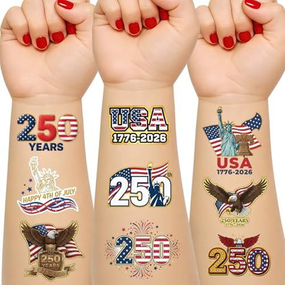 250th Anniversary USA Temporary Tattoos – 15 Sheets, 250 Years American Flag Tattoos, 60 Styles, 1776-2026 4th of July Decorations