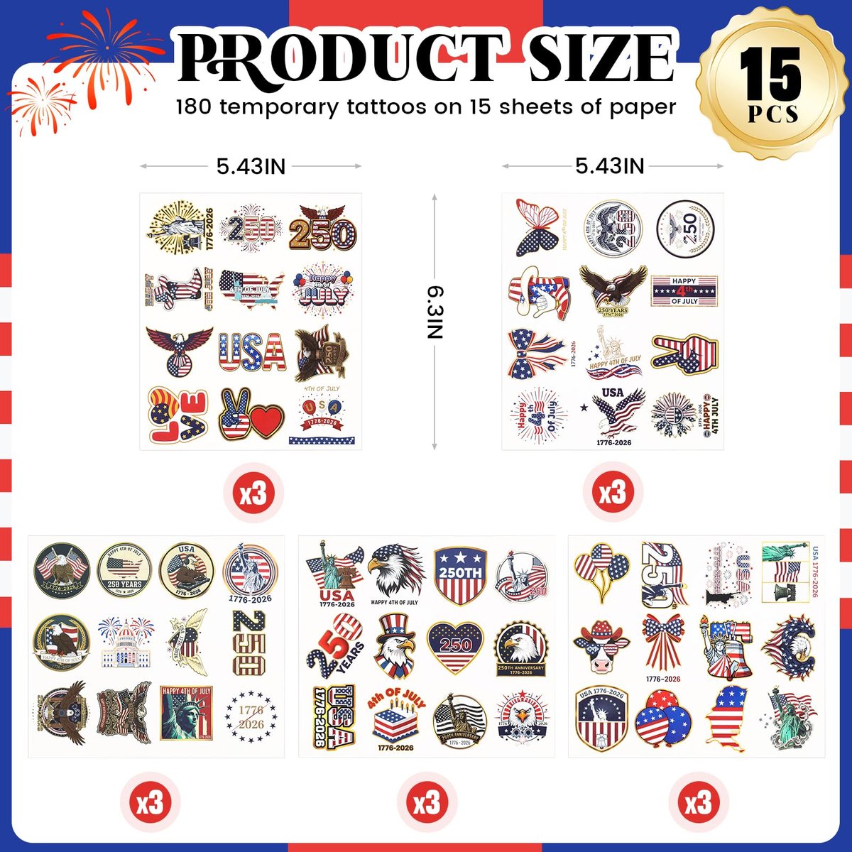 250th Anniversary USA Temporary Tattoos – 15 Sheets, 250 Years American Flag Tattoos, 60 Styles, 1776-2026 4th of July Decorations - görsel 3