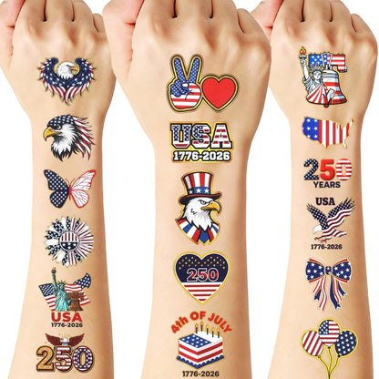 250th Anniversary USA Temporary Tattoos – 15 Sheets, 250 Years American Flag Tattoos, 60 Styles, 1776-2026 4th of July Decorations