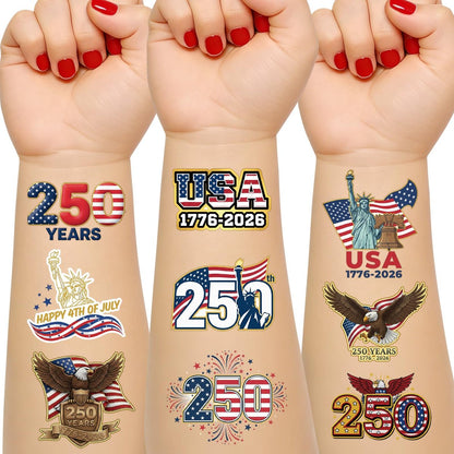 250th Anniversary USA Temporary Tattoos – 15 Sheets, 250 Years American Flag Tattoos, 60 Styles, 1776-2026 4th of July Decorations