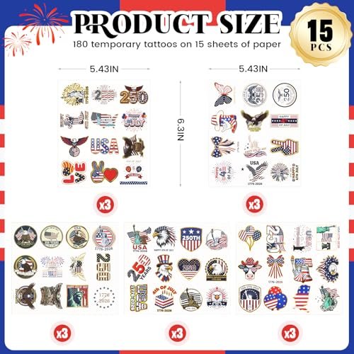 250th Anniversary USA Temporary Tattoos – 15 Sheets, 250 Years American Flag Tattoos, 60 Styles, 1776-2026 4th of July Decorations - görsel 4