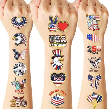 250th Anniversary USA Temporary Tattoos – 15 Sheets, 250 Years American Flag Tattoos, 60 Styles, 1776-2026 4th of July Decorations