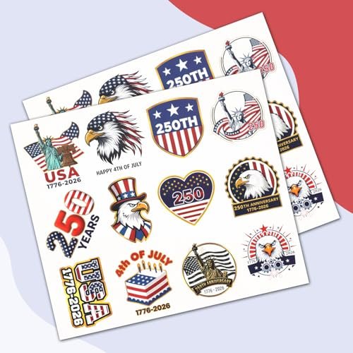 250th Anniversary USA Temporary Tattoos – 15 Sheets, 250 Years American Flag Tattoos, 60 Styles, 1776-2026 4th of July Decorations - görsel 14