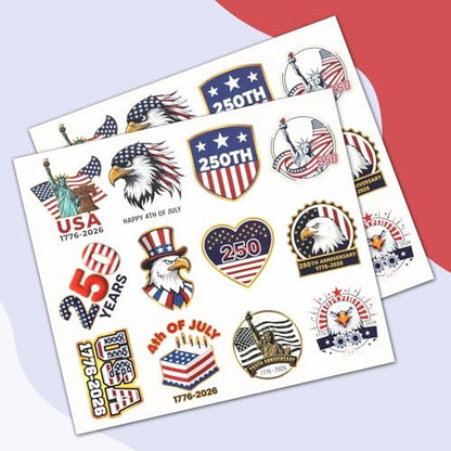 250th Anniversary USA Temporary Tattoos – 15 Sheets, 250 Years American Flag Tattoos, 60 Styles, 1776-2026 4th of July Decorations