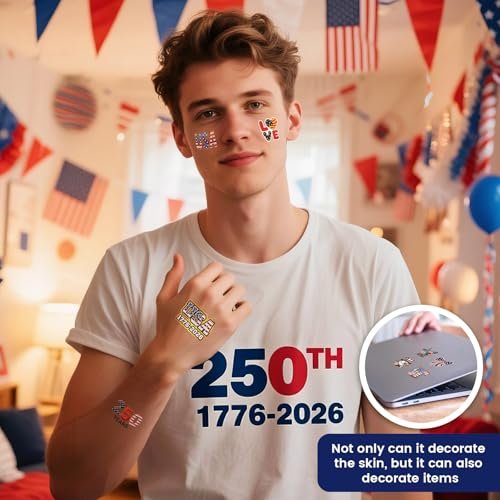 250th Anniversary USA Temporary Tattoos – 15 Sheets, 250 Years American Flag Tattoos, 60 Styles, 1776-2026 4th of July Decorations - görsel 10