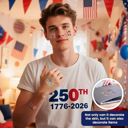250th Anniversary USA Temporary Tattoos – 15 Sheets, 250 Years American Flag Tattoos, 60 Styles, 1776-2026 4th of July Decorations