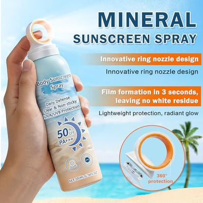Mineral Sunscreen Spray SPF 50, Zinc Oxide Sunscreen Spray for Face & Body, Broad-Spectrum UVA/UVB Protection, Lightweight, Water-Resistant, Non-Greasy, 6.76 Fl Oz