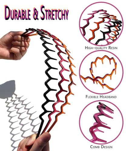 3PCS Zig Zag Headbands for Women Non Slip, ZigZag Hair Comb Headbands with Teeth, Classic 90s Amber Purple Black Headband for Women Men, Plastic Hair Accessories for Everyday Styling & Workout