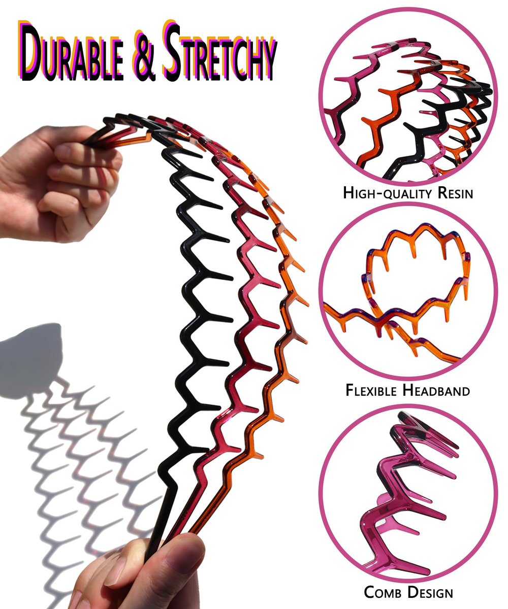 3PCS Zig Zag Headbands for Women Non Slip, ZigZag Hair Comb Headbands with Teeth, Classic 90s Amber Purple Black Headband for Women Men, Plastic Hair Accessories for Everyday Styling & Workout - görsel 8