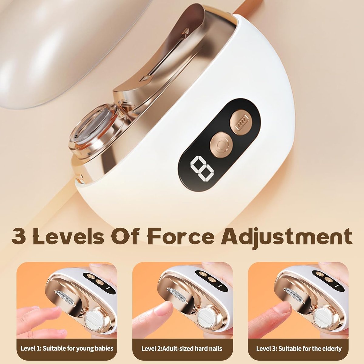 Upgraded 3-in-1 Multi-Functional Electric Nail Clippers for Seniors – 3 Speed Levels, Polishing & Light, White Avelisse