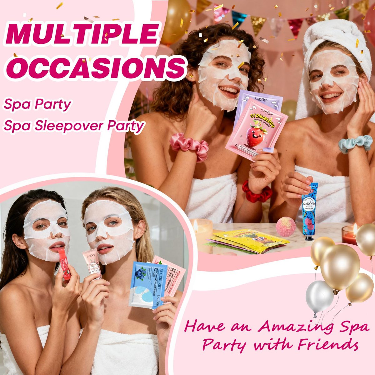 HHXI 70 PCS Spa Party Supplies for Girls - Spa Party Favors with Face Masks, Skincare, Hand Cream, Lip Balm, Under Eye Patches, Lip Mask, and Foot Bath Bombs - Spa Birthday Sleepover Party Supplies Avelisse